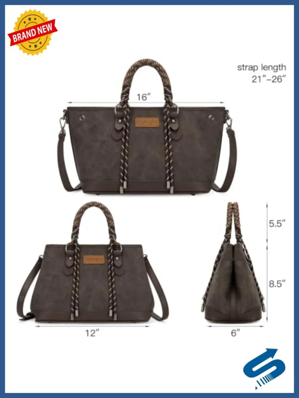 Vegan Leather Satchel Purse with Braided Rope Handle Crossbody Tote